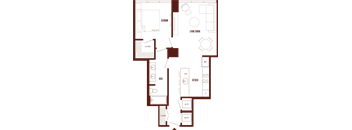 A floor plan of a house with a living area, kitchen, bathroom, and closet.