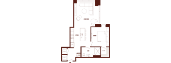 A floor plan of a house with a kitchen, living room, dining room, bedroom, bathroom, and closet.