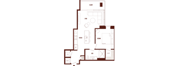 A floor plan of a house with a living room, kitchen, bathroom, and bedroom.