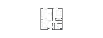 A floor plan of a house with a bedroom, living room, kitchen/dining area, and bathroom.