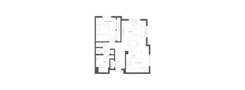 A floor plan of an apartment with a bedroom, living room, kitchen, bathroom, and closet.