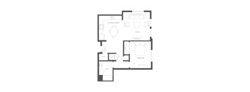 A floor plan of a house with a living room, kitchen, dining area, bedroom, bathroom, and closet.