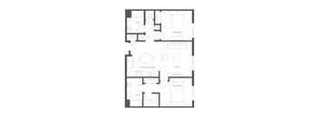 A floor plan of a house with two bedrooms, a living room, a kitchen/dining area, and two bathrooms.