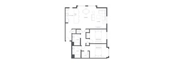 A floor plan of a house with a kitchen, dining area, living room, two bathrooms, and two bedrooms.