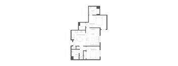 A floor plan of a two bedroom apartment with a living room and kitchen/dining area.
