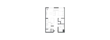 A floor plan of a small apartment with a living/bedroom, kitchen, and bathroom.