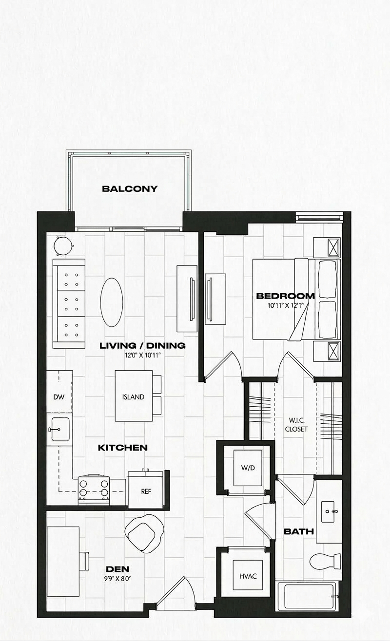 A black and white image of a floor plan for a balcony, living/dining area, kitchen, bathroom, and den.