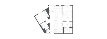 A black and white floor plan of a house with a living room, two bedrooms, a dining room, a kitchen, a bathroom, and a closet.
