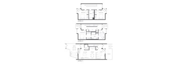 A black and white diagram of a three-level house plan.