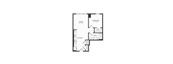 A floor plan of a small apartment with a living room, kitchen, bathroom and bedroom.