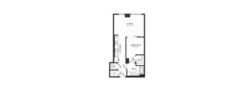 A black and white image of a living room, kitchen, and bedroom floor plan.