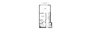A floor plan of an apartment with a living room, bedroom, bathroom, and kitchen.