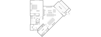 A floor plan of a house with a bedroom, living room, dining room, kitchen, and bath.