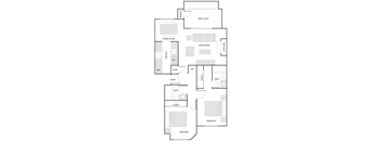 A floor plan of a house with a living room, dining room, kitchen, and two bedrooms.