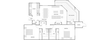 A floor plan of a house with a kitchen, dining room, living room, and two bedrooms.