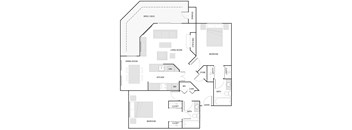 A floor plan of a house with a living room, dining room, kitchen, and two bedrooms.