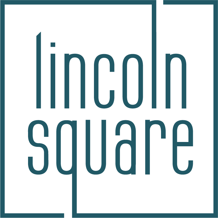 A blue and white sign that says Lincoln Square.