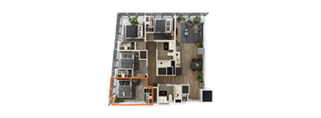 a 3d floor plan of a house with furniture and a balcony