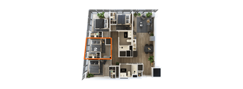 a 3d floor plan of a house with furniture and a balcony