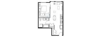A floor plan of a house with a kitchen, living room, and bathroom.
