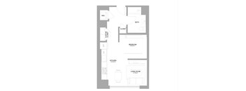 A floor plan of a small apartment with a living room, kitchen, bedroom and bathroom.