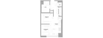 A floor plan of a house with a living room, bedroom, kitchen, bathroom, and closet.