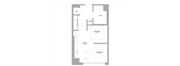 A floor plan of a house with a living room, kitchen, bedroom, bathroom, and cloakroom.