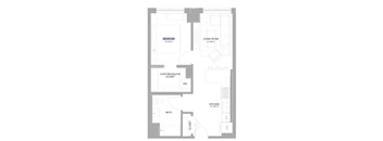 A floor plan of a house with a bedroom, living room, bathroom, and kitchen.