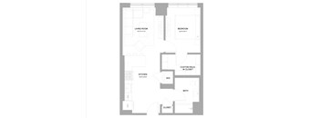 A floor plan of a house with a living room, kitchen, bath, and closet.