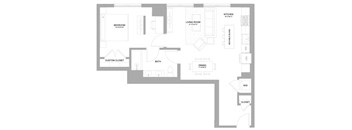 A floor plan of a house with a kitchen, living room, and bathroom.