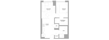 A floor plan of a house with a living room, bedroom, kitchen, bathroom, and closet.