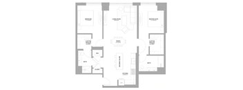 A floor plan of a house with a master suite and a movable island in the kitchen.
