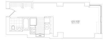 A floor plan of a living room with a pan and a bathroom.