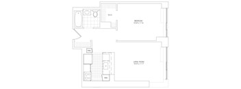 A floor plan of a small apartment with a bedroom and a living room.