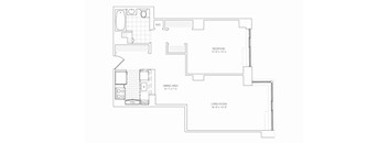 A floor plan of a house with a bedroom, dining area, and living room.