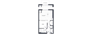 A black and white floor plan of a house with a living room, kitchen, and bedroom.
