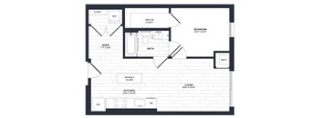 A black and white image of a floor plan for a small apartment.