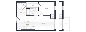 A black and white floor plan of a small apartment with a kitchen, living room, and bathroom.
