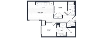 A black and white floor plan of a house with a kitchen, living room, dining room, two bedrooms, two bathrooms, a linen closet, a mech, and a walk-in closet.