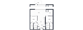A black and white floor plan of a house with two bedrooms, a living room, a kitchen, a bathroom, and a patio/balcony.