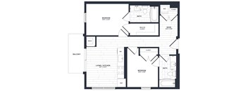 A black and white image of a floor plan for a two bedroom apartment.