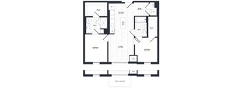 A black and white floor plan of an apartment with a living room, two bedrooms, a bathroom, a kitchen, a walk-in closet, and a patio.