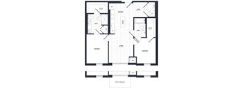 A black and white floor plan of an apartment with a living room, kitchen, bedroom, bathroom, and patio.