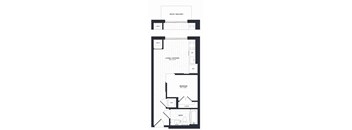 A floor plan of a house with a living room, kitchen, bedroom, and bathroom.