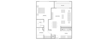 A floor plan of a home with a bedroom, living room, kitchen, bathroom, and closet.