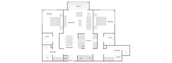 A floor plan of a house with a balcony, two bedrooms, a living room, a dining room, a kitchen, a bathroom, a store, an entry, a tub, a shower, and a closet.