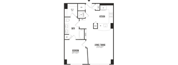 A floor plan of a house with a living/dining area, kitchen, and bathroom.
