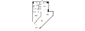 A floor plan of a house with a living room, dining room, kitchen, and bath.
