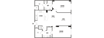 A floor plan of a house with a living room, dining room, kitchen, and two bedrooms.