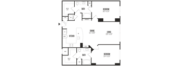 A floor plan of a house with a living room, dining room, kitchen, and two bedrooms.